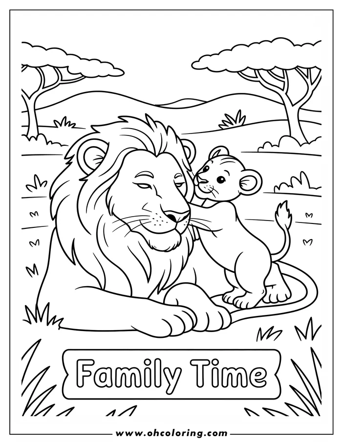 Line art of a lion and cub together, suitable for Father's Day. The adult lion rests while the cub stands beside him, reaching up. The background depicts a simplified savanna landscape. This is a design for a coloring sheet.