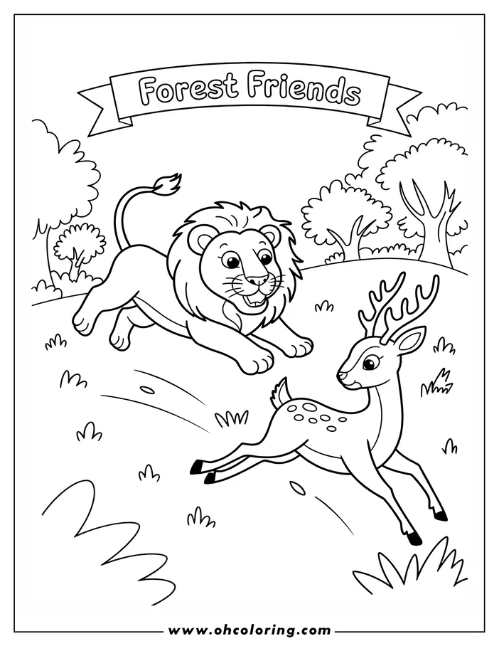 Line art of a playful lion and spotted deer playing in a forest clearing.