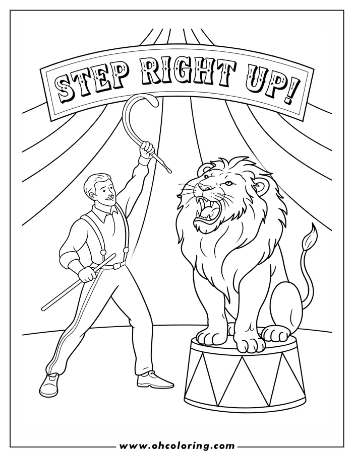 Line art of a lion roaring on a drum at the circus, with a trainer holding a whip and stick, under a 'Step Right Up!' sign.