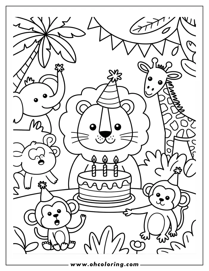 Line art of a lion wearing a party hat sitting behind a birthday cake with lit candles surrounded by jungle animals and party decorations.