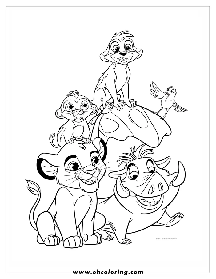 Line art of a lion cub, warthog, two meerkats and a bird from the Lion Guard. The lion cub and warthog are sitting, while the meerkats and bird perch on a rock behind them.