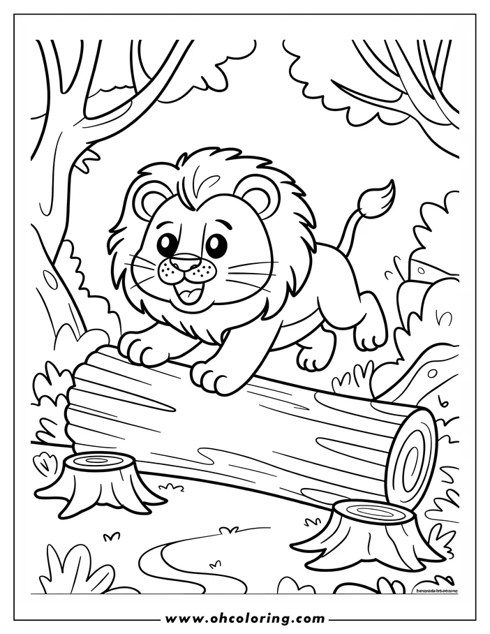 Outline of a cartoon lion cub walking on a log in a forest.