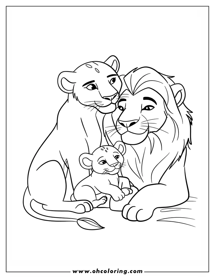Line art of a lion family. A male lion with a large mane, a female lion, and a small cub sit together.