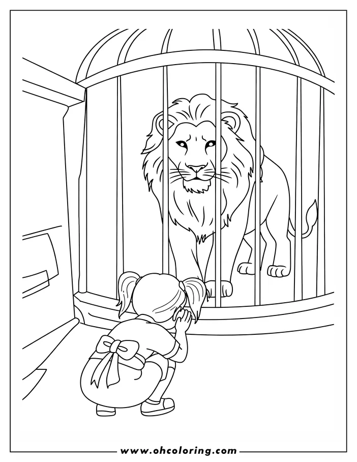 Outline of a lion in a cage with a young girl looking at it.