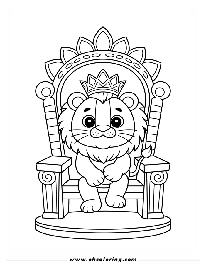 Outline of a lion sitting on a throne wearing a crown.