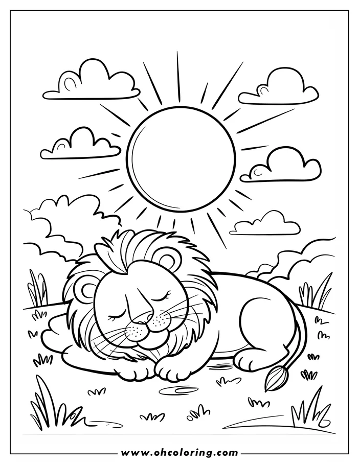 Outline of a cartoon lion sleeping peacefully on the ground, with the sun shining overhead and clouds in the sky.