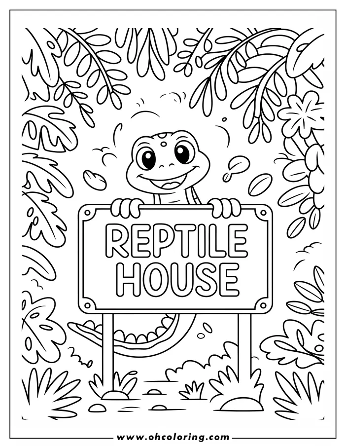 A cartoon lizard holding a Reptile House sign at the zoo.