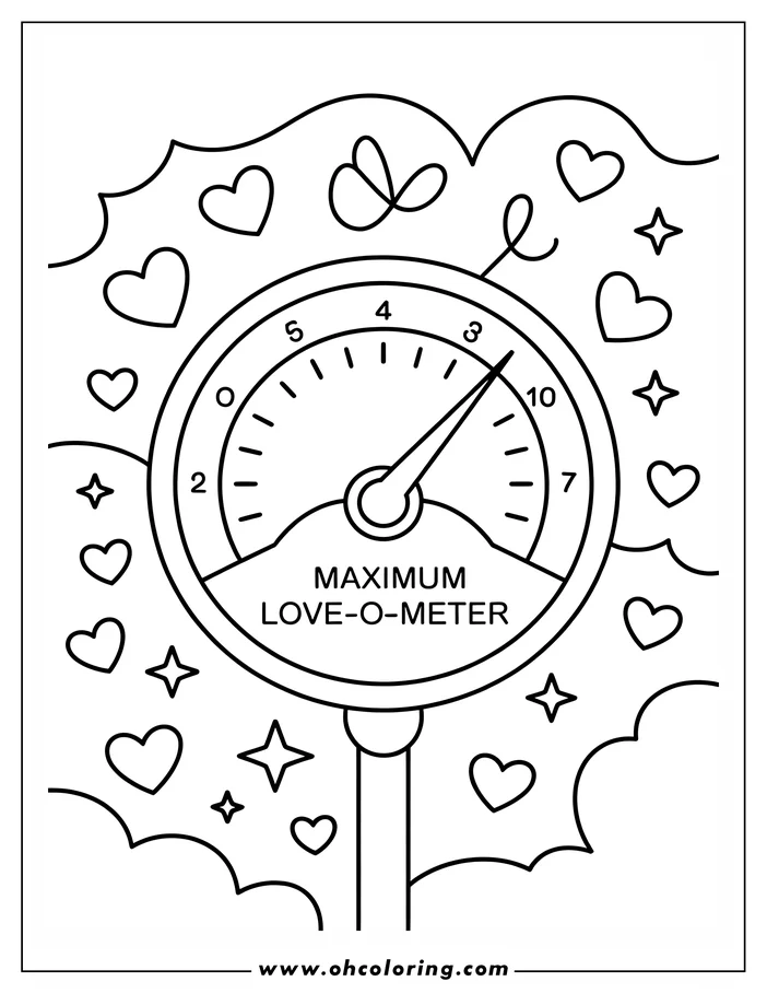 Line art of a Love-O-Meter with the needle pointing to maximum. Hearts and stars decorate the background, creating a Valentine's Day coloring sheet design.