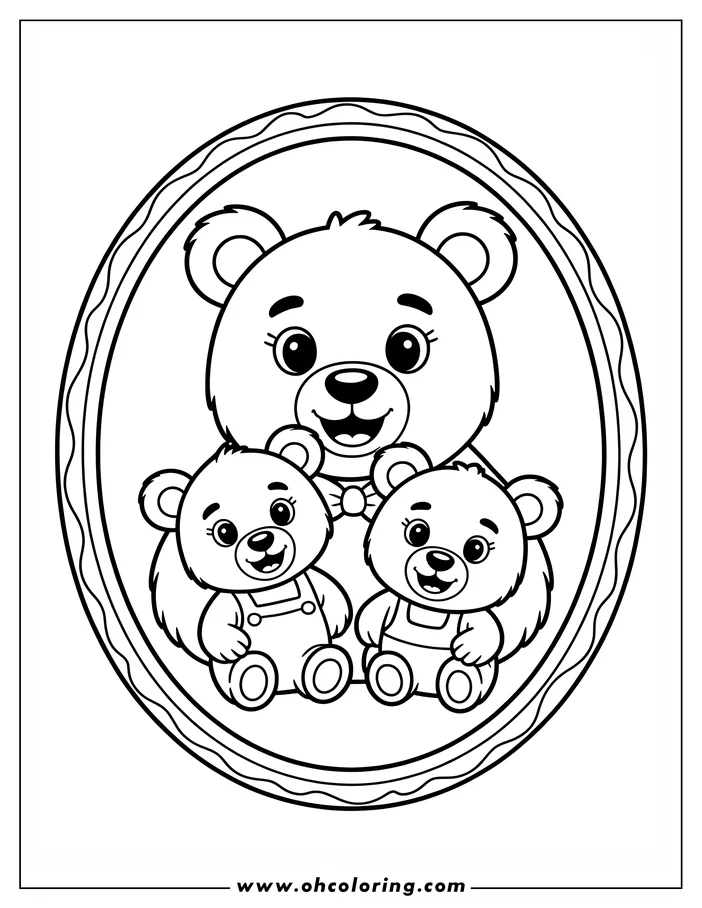 Line art of a mama bear and two cubs sitting together in an oval frame. The mama bear wears a bow tie, and the cubs wear overalls. They all have happy expressions.