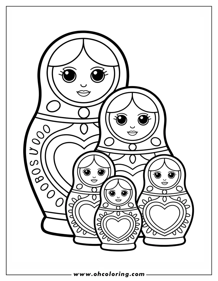 Line art of four Matryoshka dolls. Each doll is decorated with hearts and circles, and the largest one has "Matryoshka" written on it. This is a simple drawing designed for a coloring sheet.