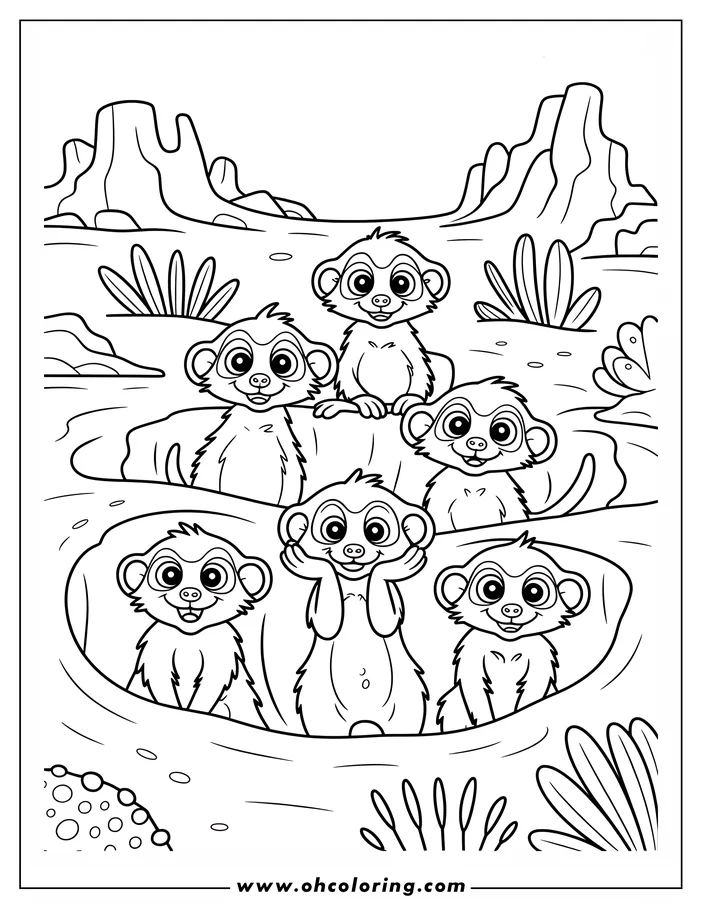 Line art of a group of meerkats at the zoo, peering from their burrow.
