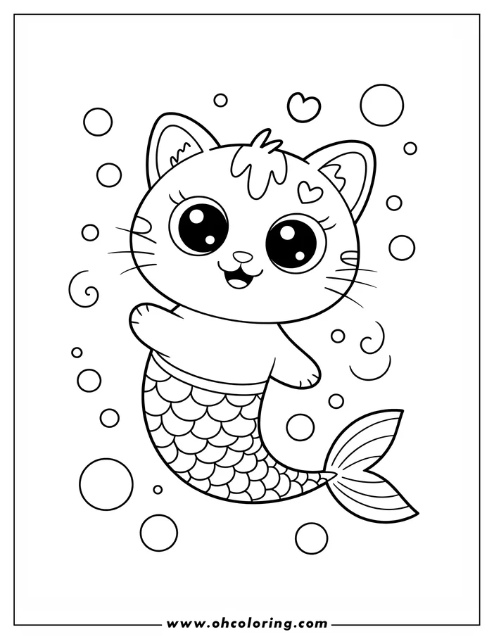 A cheerful cat with a mermaid tail, surrounded by bubbles, line art for coloring.