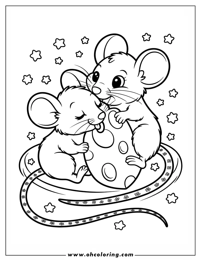 Line art of two mice with a Valentine's Day heart. One mouse leans against the heart, eyes closed, while the other hugs it, appearing to lick or kiss the heart. The heart has decorative patterns, and small stars are scattered around. This coloring sheet design is perfect for Valentine's Day activities.