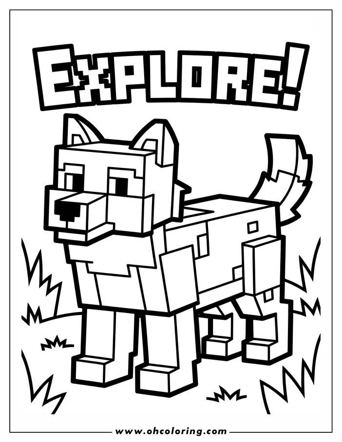 Line art of a Minecraft wolf standing in grass.