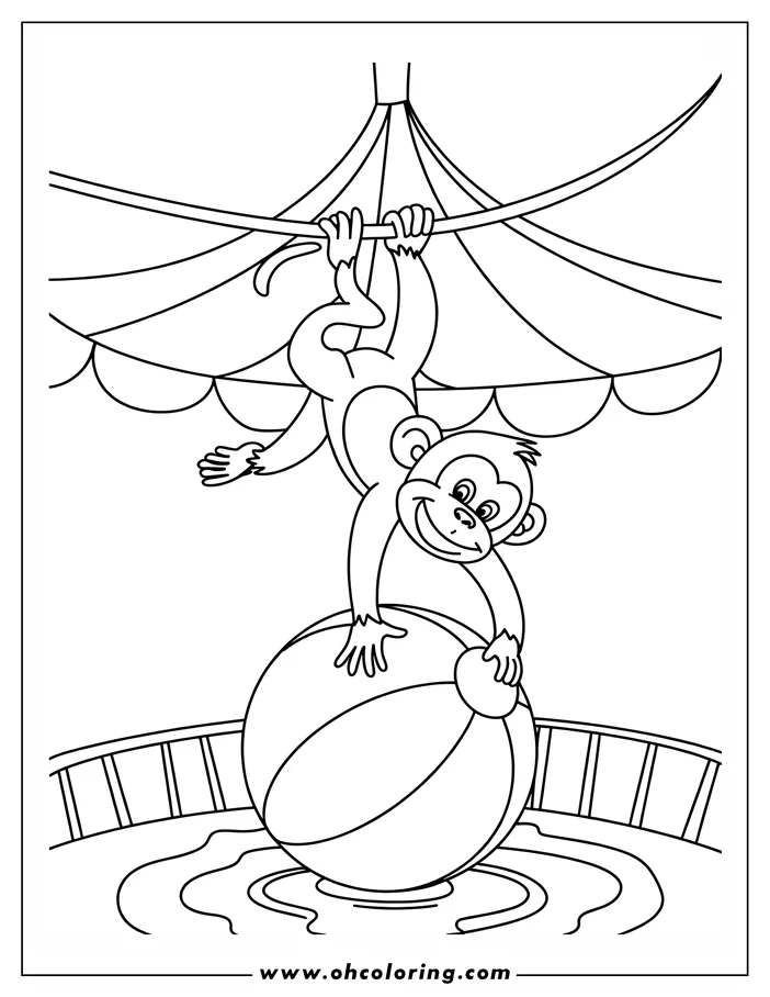 Outline of a monkey hanging from a circus rope above a large beach ball in an enclosure with water.