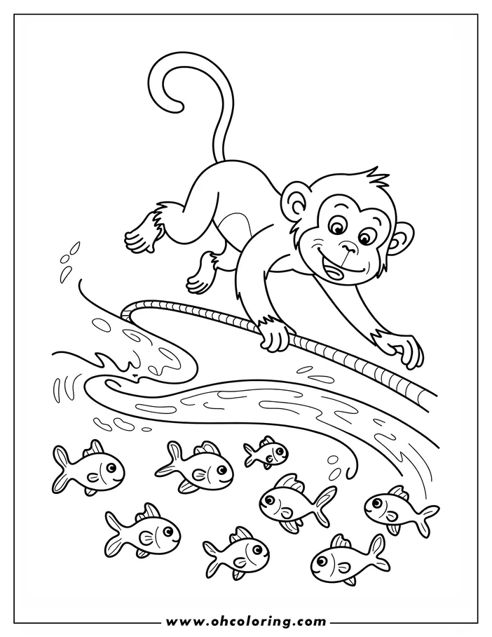 A monkey leans over the water fishing with a rope. Several fish swim below.