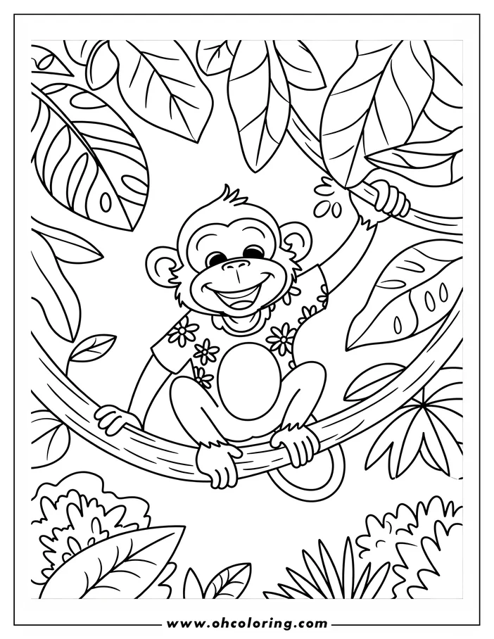Outline of a cheerful monkey hanging from a tree branch in a jungle setting
