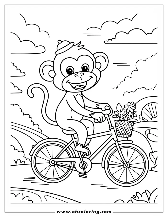 Line art of a monkey riding a bicycle with a basket of flowers. 