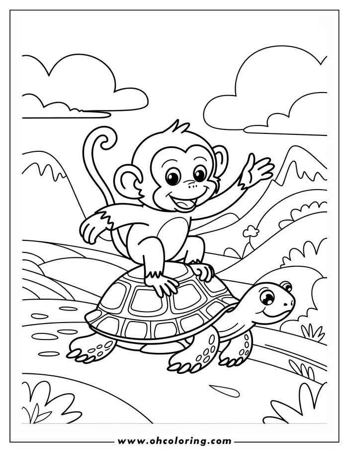Outline of a monkey riding a turtle in a simple landscape setting.