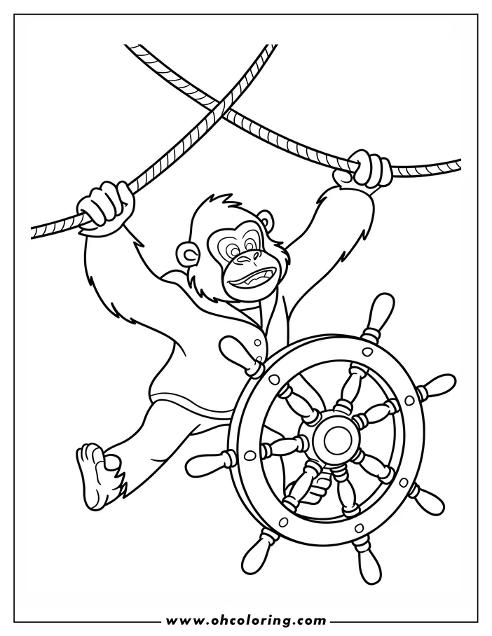 Cartoon monkey hanging from ropes and holding a ship's wheel