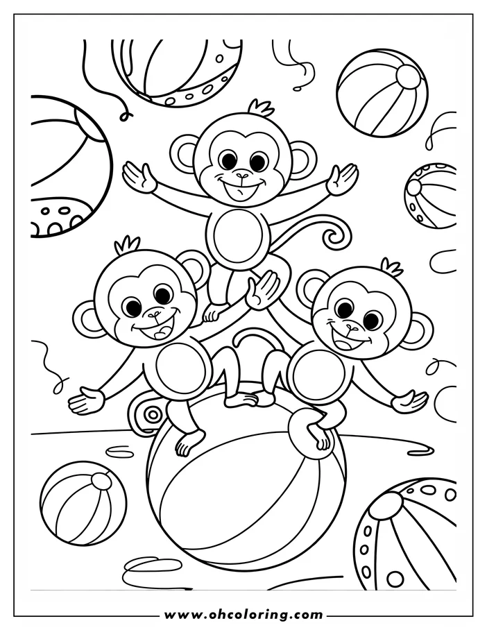 Three monkeys play with beach balls. One monkey balances on a large ball, while the other two sit on either side. Smaller beach balls are scattered in the background.