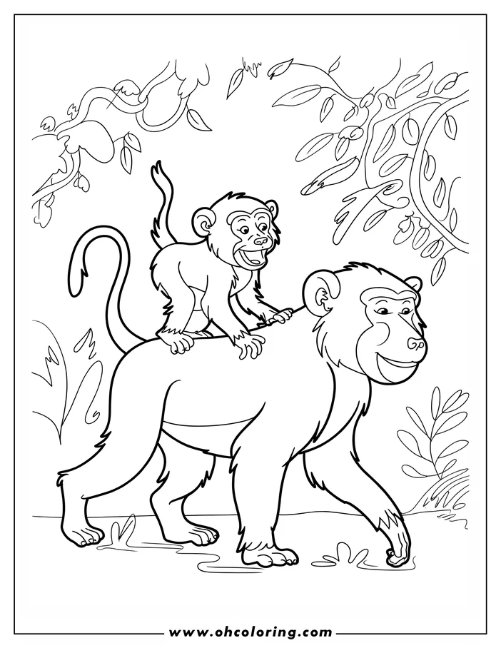 Outline of a baby monkey riding on its mother's back in the jungle setting