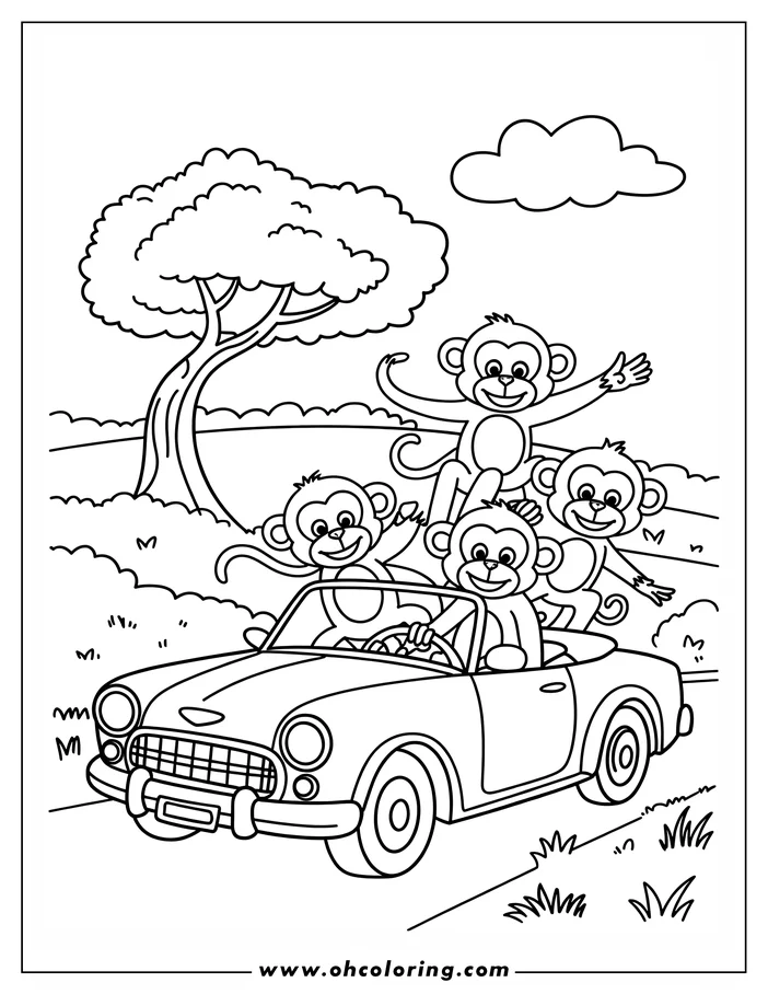 Four monkeys riding in a convertible car, with two in the front and two standing in the back.  A tree and grass are visible in the background.