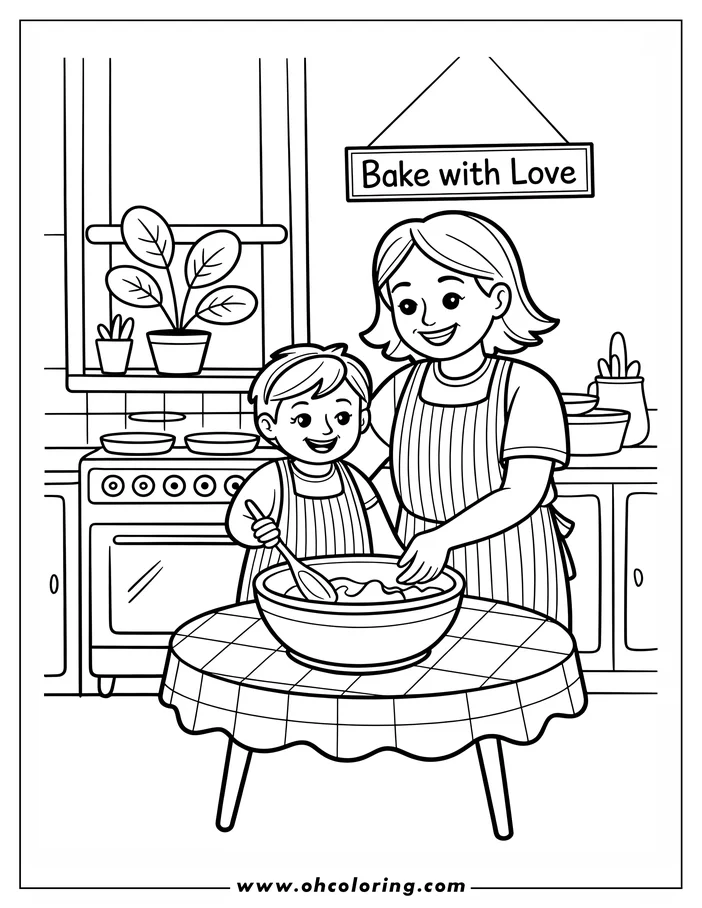 Line art of a mother and child baking together for Mother's Day.  The child stirs a mixing bowl while the mother assists. They are both wearing aprons and smiling. The kitchen setting includes a stove, plants, and a sign reading "Bake with Love." This heartwarming scene is a coloring sheet design, perfect for celebrating moms.