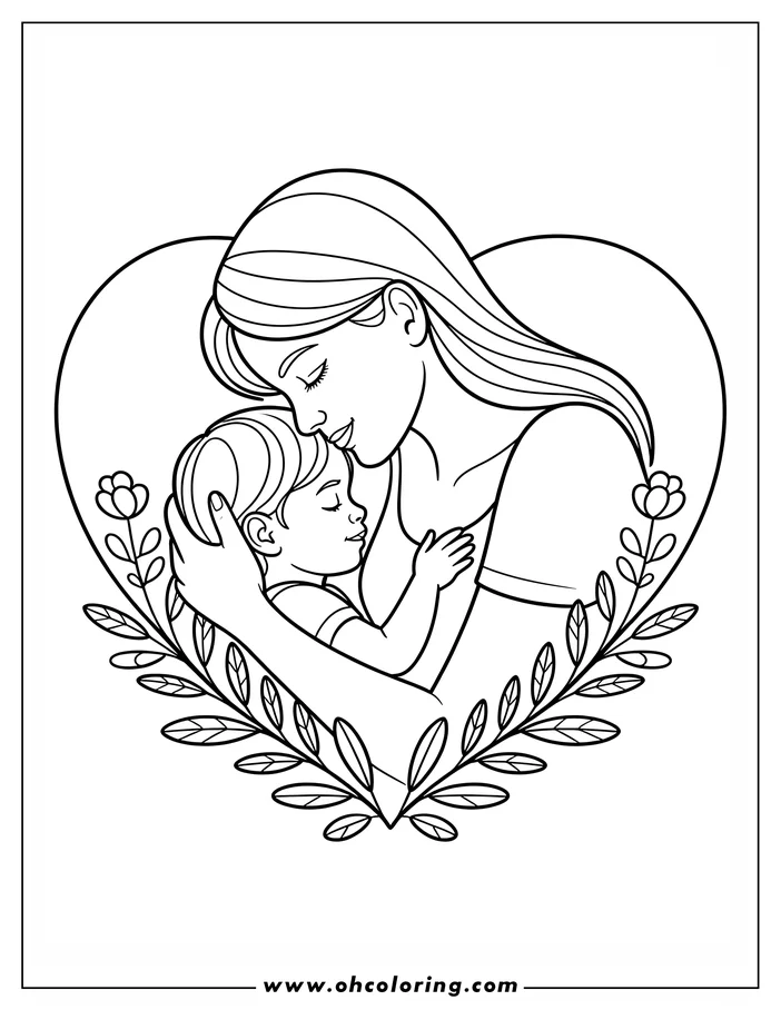 Line art of a mother and child embracing inside a heart-shaped frame decorated with flowers and leaves. This heartwarming coloring page is perfect for Mother's Day or any occasion celebrating the bond between a parent and child.