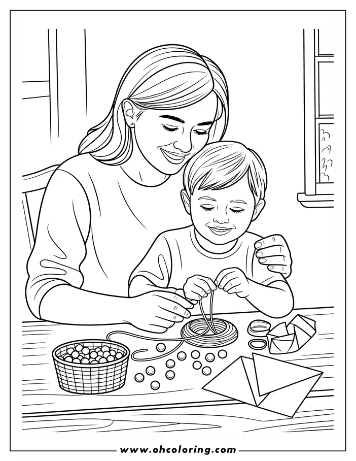 Line art of a mother and child working on a craft project together. The child is focused on stringing beads, while the mother watches with a warm smile. They sit at a table with various crafting supplies like beads, string, and paper. This coloring sheet design evokes a feeling of love and togetherness, ideal for Mother's Day.