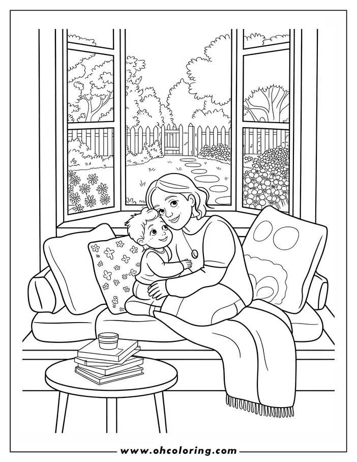Line art of a mother and child cuddling on a window seat, covered by a blanket. A side table with books and a cup is next to them, and a garden is visible through the window. This is a drawing designed for a coloring page.