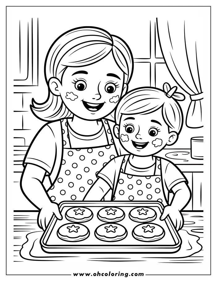 Line art of a mother and daughter baking cookies for Mother's Day.  They are wearing aprons and holding a baking sheet with star-decorated cookies. Flour smudges are on their faces. A window and cabinet are visible in the kitchen background.