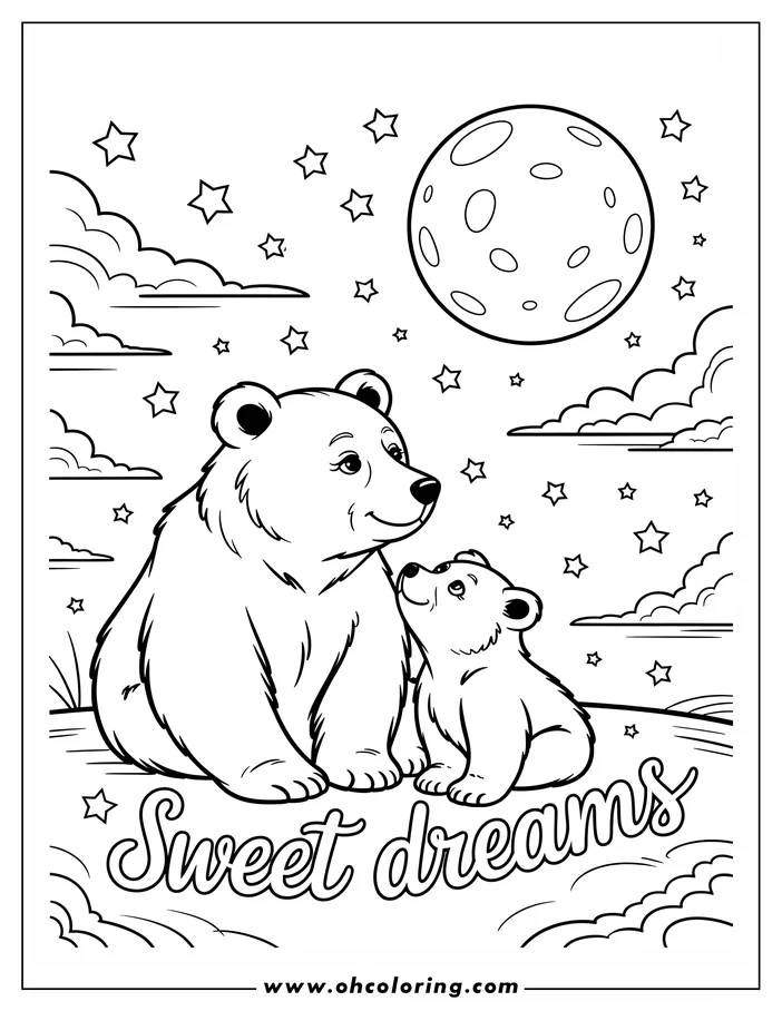 Line art of a mother bear and her cub sitting together under a large moon and starry sky. The cub looks up at the moon while the mother bear gazes at her cub. This is a drawing for a coloring sheet.