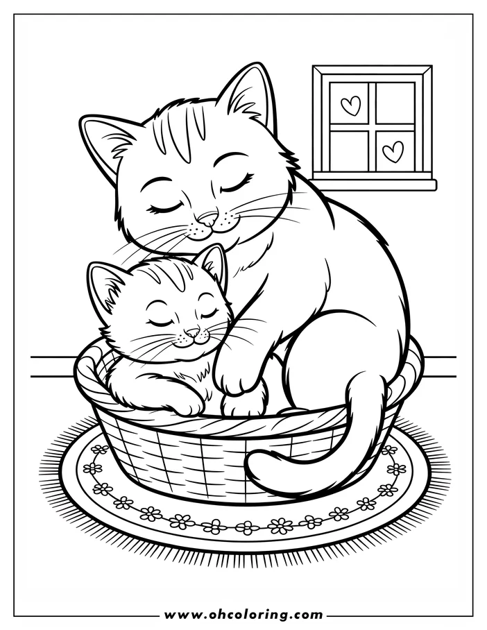 Line art of a mother cat and kitten cuddling in a basket. The cats are nestled together with closed eyes, resting on a patterned rug. A window with heart shapes adds a touch of warmth to the scene. This heartwarming image is a coloring sheet design, perfect for Mother's Day.