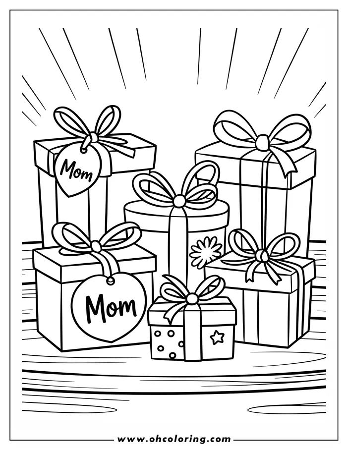 Line art of a collection of Mother's Day gifts. Various gift boxes are decorated with bows, ribbons, and tags that say "Mom."  The gifts are sitting on a wooden table. This drawing is designed as a coloring sheet.