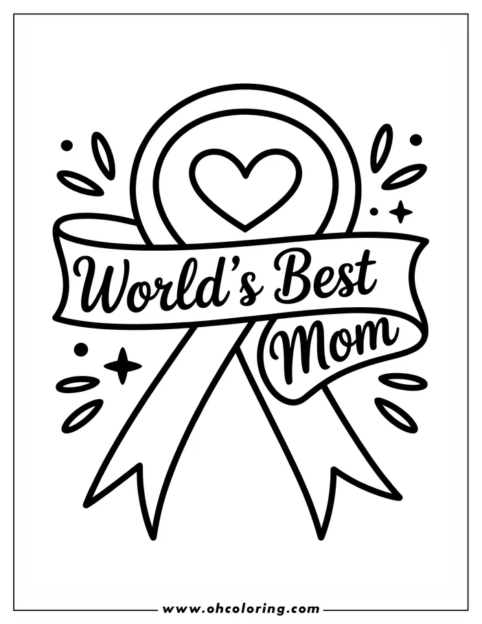 Line art of a Mother's Day ribbon with the words "World's Best Mom" and a heart shape, designed as a coloring page.