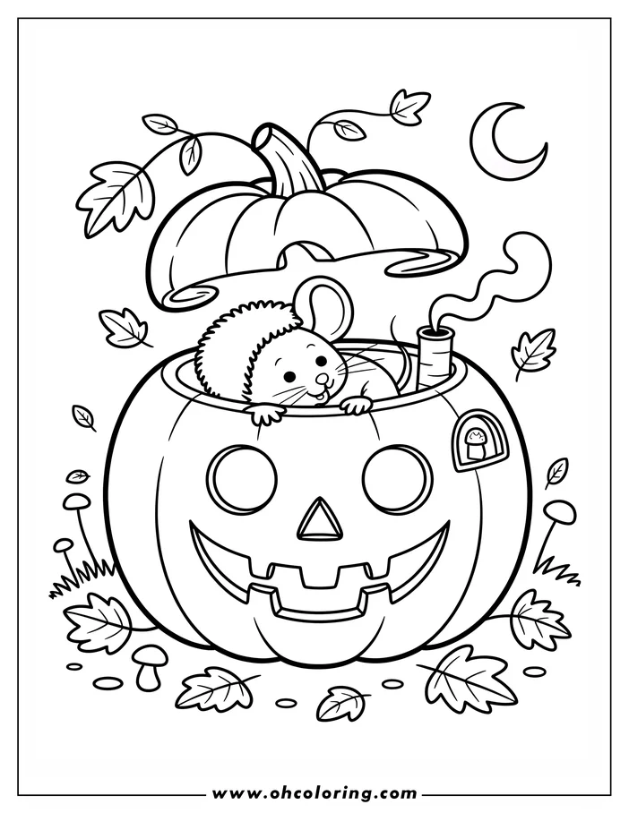 Outline of a mouse peeking out of a carved Halloween pumpkin with a small window, smoke from the stem, surrounded by leaves and mushrooms under a crescent moon.