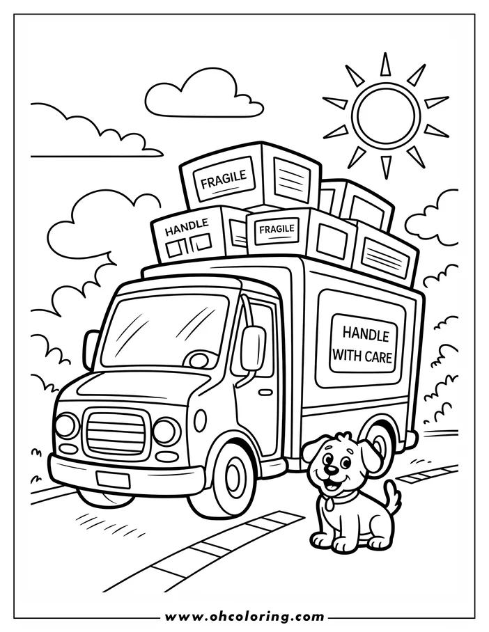 Outline of a moving truck with boxes and a dog sitting nearby