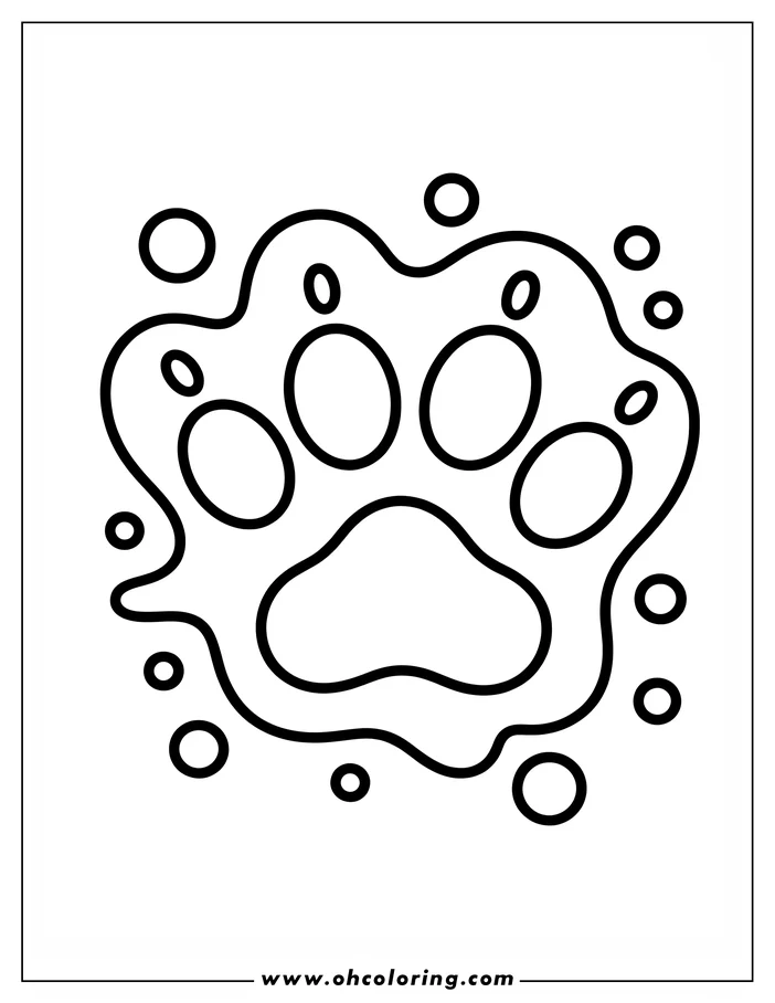 Outline of a paw print in a mud puddle, with surrounding mud splatters.