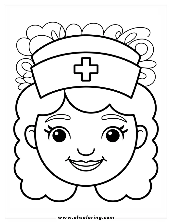 Line art of a nurse's face. She wears a cap with a medical cross and has a friendly smile.