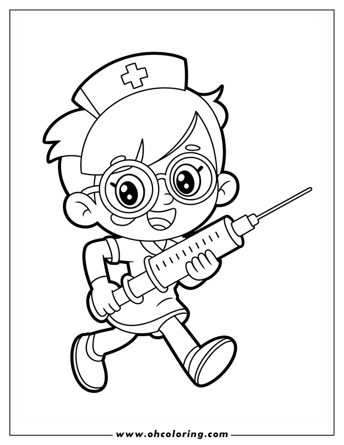 Outline of a cartoon nurse administering an injection. The nurse appears friendly and eager.