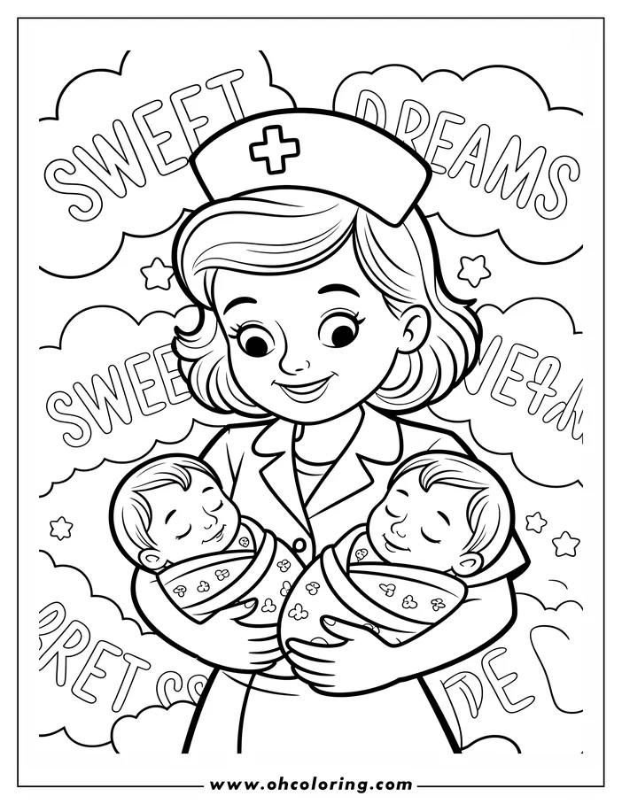 Line art of a nurse holding two sleeping babies. She is smiling and wearing a nurse's cap. The babies are wrapped in blankets decorated with small flowers.