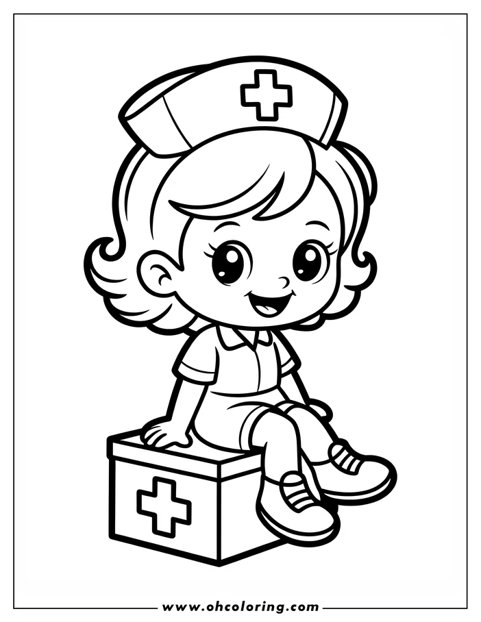 Outline of a smiling nurse sitting on a first aid kit. She wears a nurse's cap and uniform.