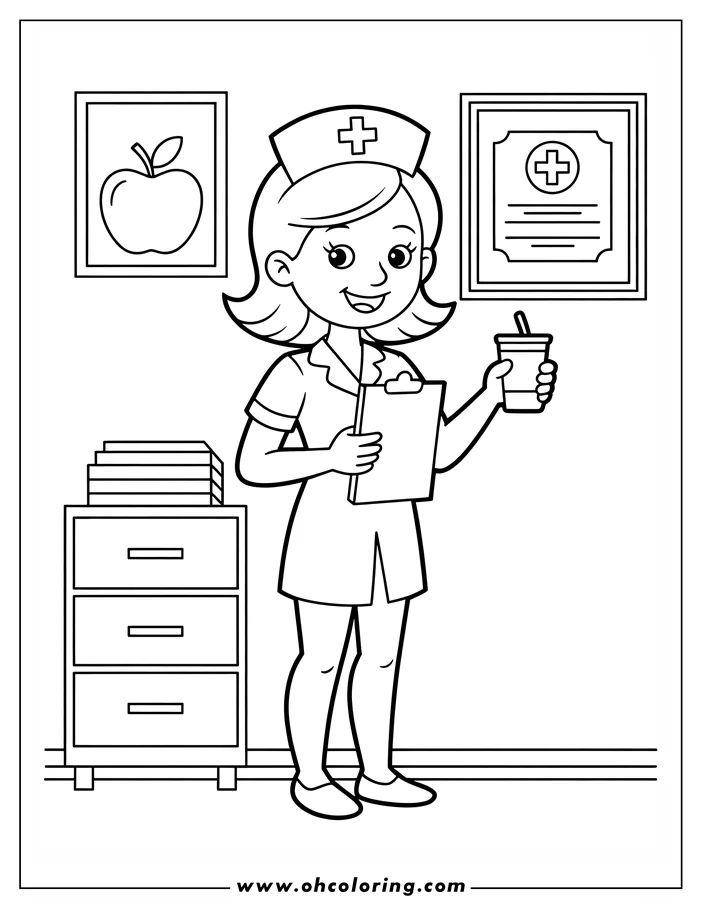 Line art of a nurse holding a clipboard and a drink, with a filing cabinet, apple picture, and medical certificate in the background.