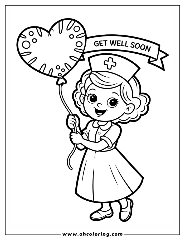 Line art of a friendly nurse holding a heart-shaped 'Get Well Soon' balloon. She's dressed in a nurse's uniform and cap, with a cheerful expression.