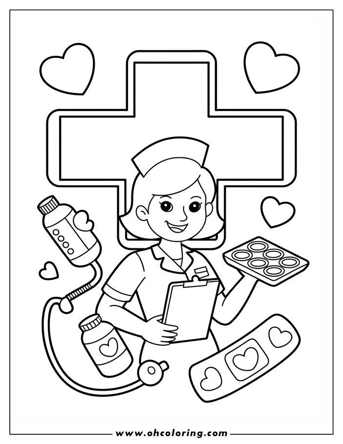 A friendly cartoon nurse holding a clipboard and pills, surrounded by a stethoscope, medicine bottles, and heart-decorated bandages.