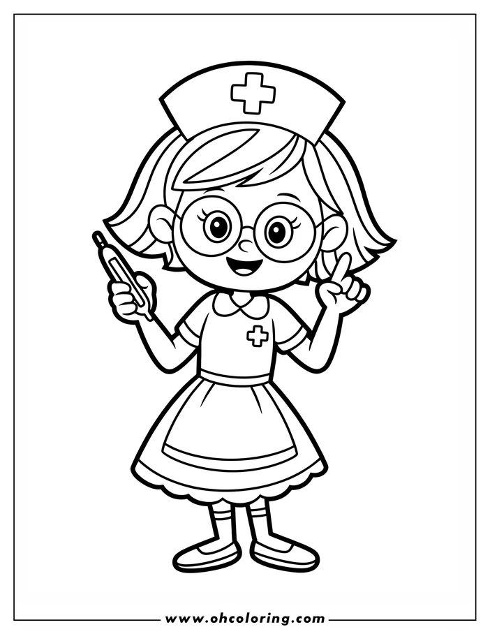 Line art of a smiling cartoon nurse holding a thermometer and gesturing with one finger.