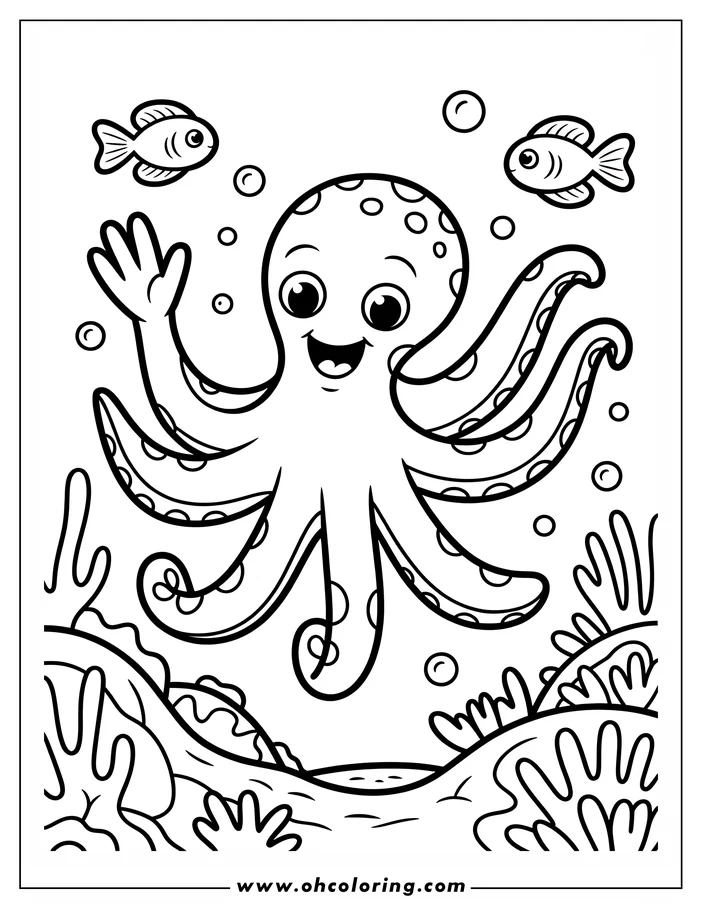 Line art of a happy octopus waving, surrounded by small fish and bubbles, with coral and seaweed below.