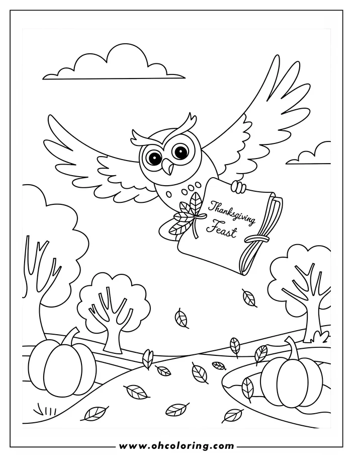 Line art of an owl in flight carrying a Thanksgiving feast invitation, with pumpkins and trees in the background