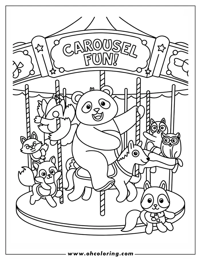 Line art of a panda riding a carousel horse, with other animals like a fox, raccoon, owl, and bunny also on the carousel.